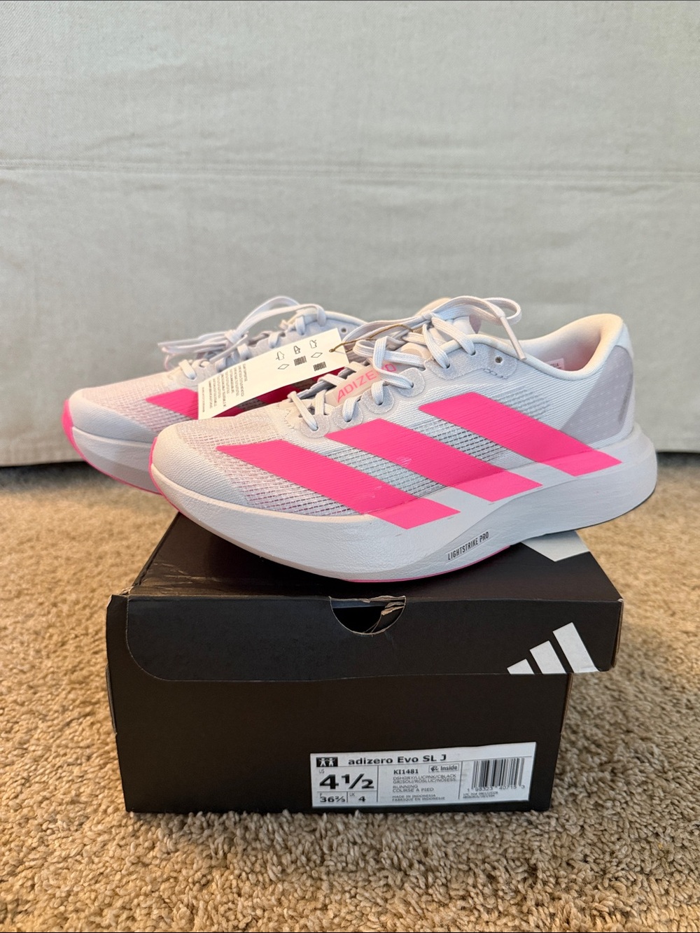 NIB Adidas Adizero Evo SL Junior 3 Running Shoes - Grey/Lucid Pink